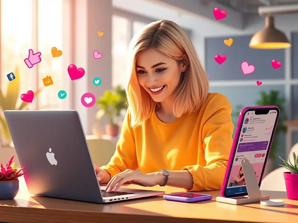 A virtual assistant creating engaging social media content on a desktop computer, demonstrating effective social media management and brand promotion.