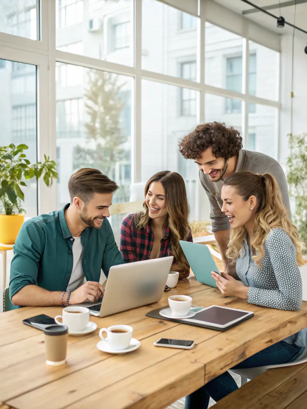 A modern startup office with young professionals collaborating on laptops, representing KP Virtual Assist's support for innovative startups.
