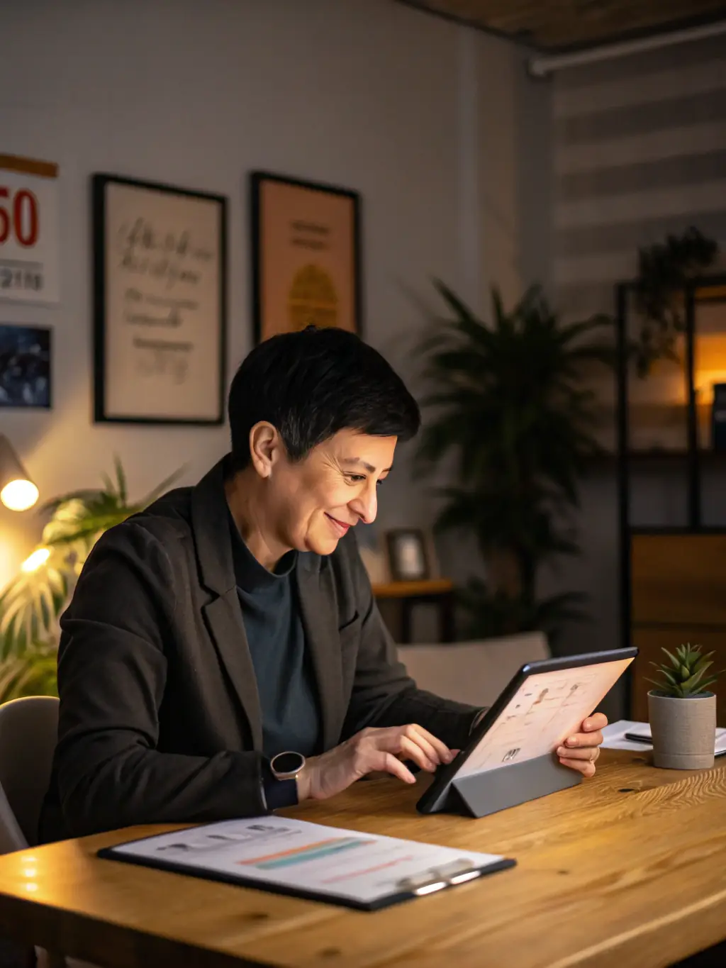 A service-based business owner reviewing client feedback on a tablet, illustrating KP Virtual Assist's support for service-based businesses.