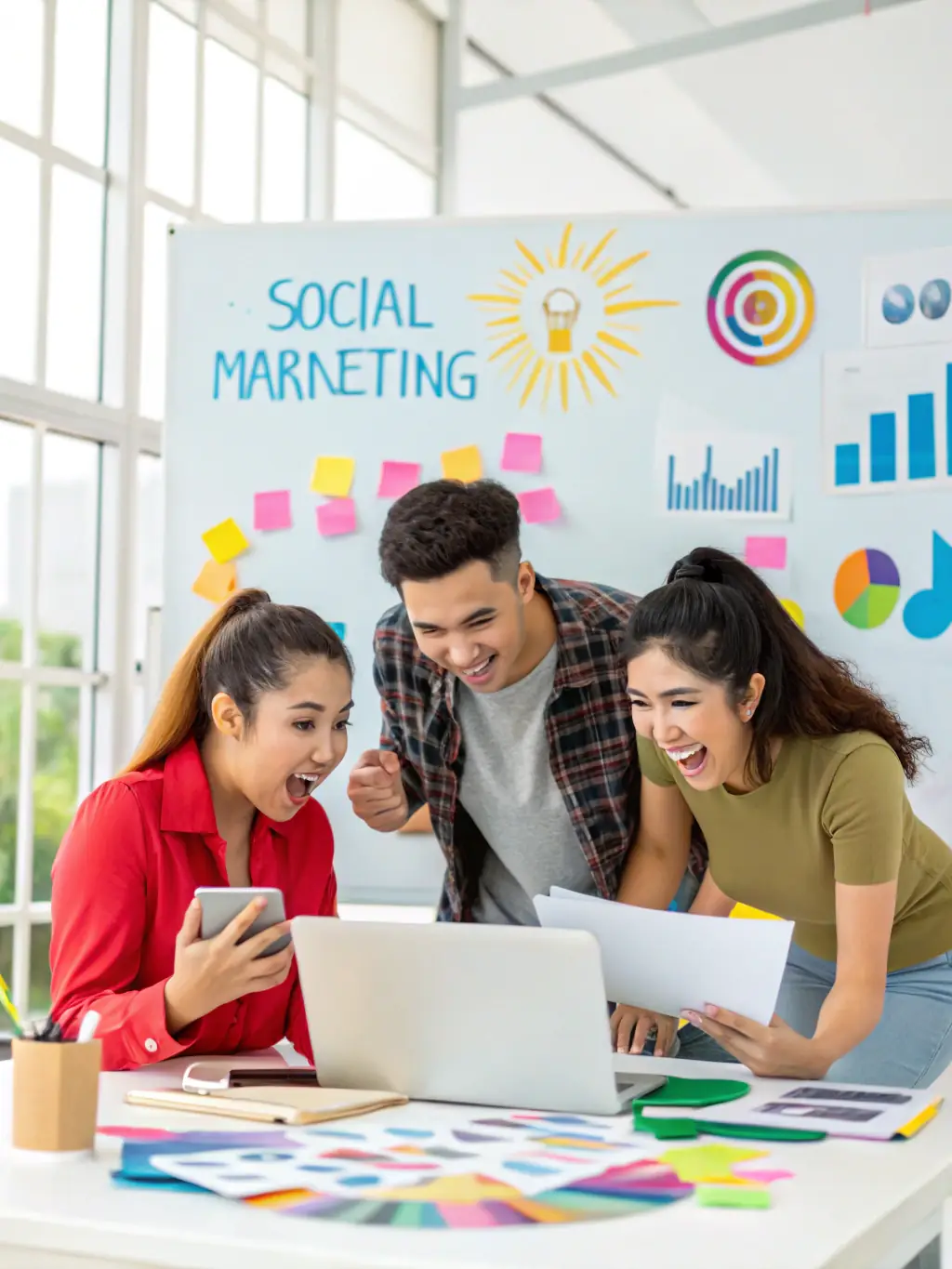 A marketing agency team brainstorming ideas in a creative workspace, reflecting KP Virtual Assist's support for marketing agencies.