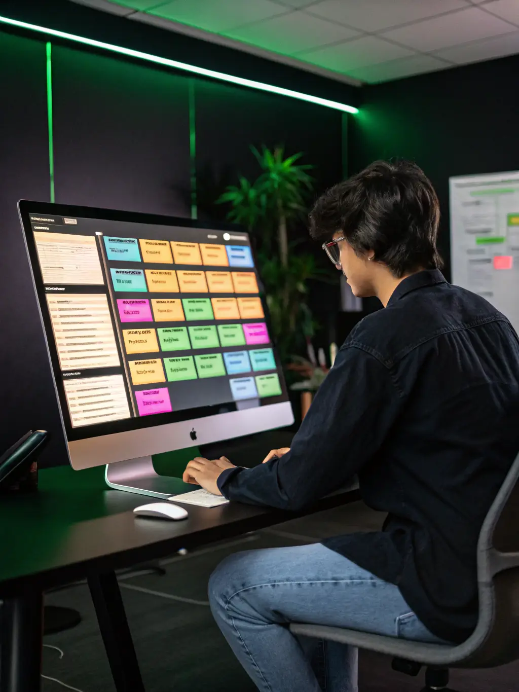 A virtual assistant is using project management software to organize and prioritize tasks, highlighting streamlined workflow and improved productivity.
