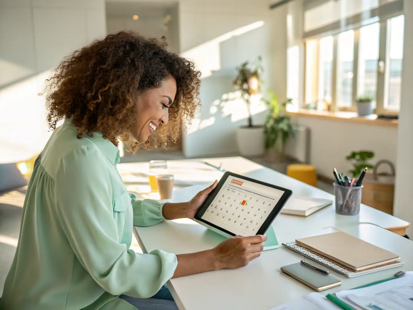 A virtual assistant expertly managing a client's calendar on a digital tablet, showcasing efficient scheduling and time management.