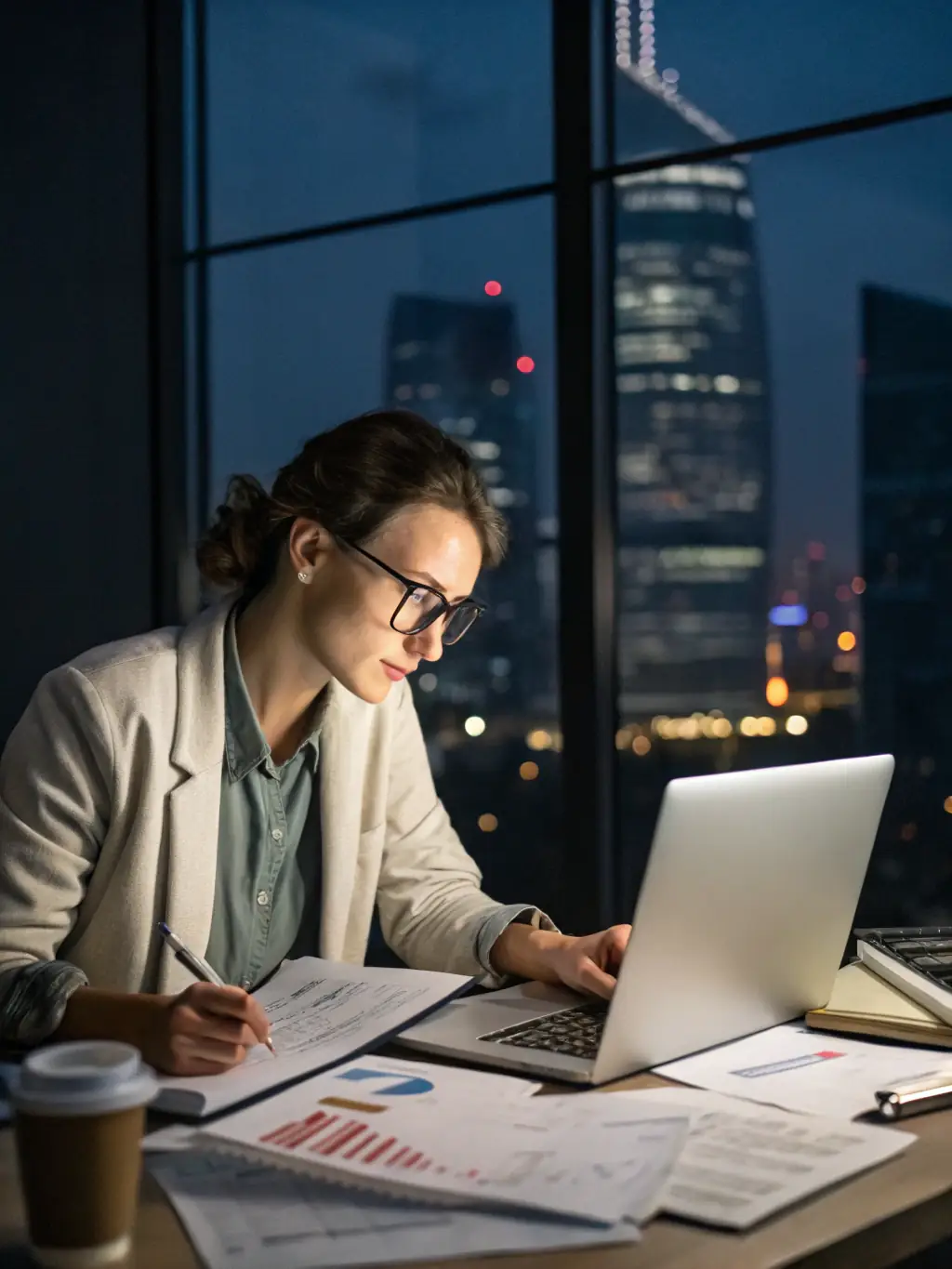 A virtual assistant is providing a structured report to a business owner in a modern office setting, emphasizing clear communication and data-driven insights.