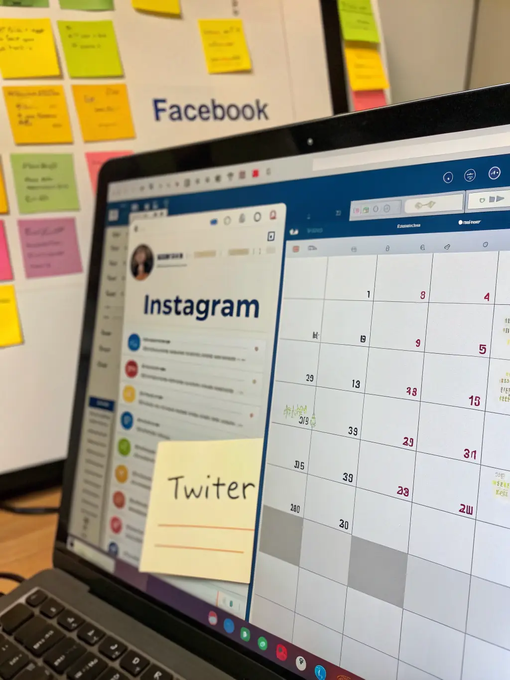 A virtual assistant scheduling engaging social media posts on a tablet, surrounded by various social media platform icons.